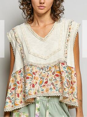 Pol-Boho Lace-Trim V-Neck Peasant Top - Cream with Multicolor Floral
